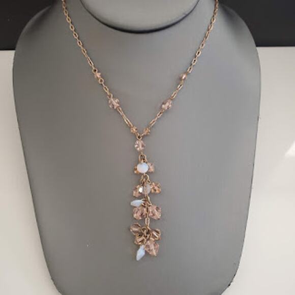 Givenchy Rose Gold‎ Rhinestones & Aurora Borealis Beaded Y-Drop Necklace - Picture 1 of 7